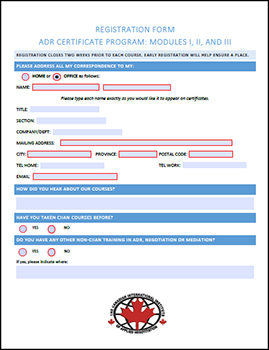 "Click to download the PDF registration form for the ADR Certificate Program: Modules I, II and II"